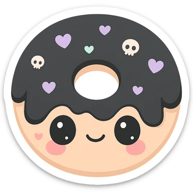 kawaii style gothic donut, cute face, black icing, purple heart decorations, tiny skull motif, cheerful and spooky sticker