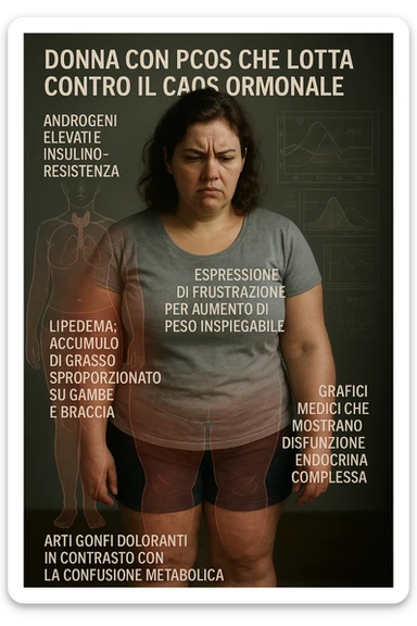 cinematic realistic Woman with PCOS struggling with hormonal chaos, transparent overlay showing elevated androgens and insulin resistance affecting her body, lipedema causing disproportionate fat accumulation in legs and arms despite normal torso, expression of frustration with unexplained weight gain, medical charts showing complex endocrine dysfunction, painful swollen limbs contrasting with metabolic confusion scrivi i testi in italiano sticker