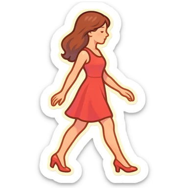A girl walking from left to right, side view, wearing a red dress and high heels, retro-stickers style, thin clean contours, soft rounded shapes, detailed drawing with shadows and highlights, pastel palette #98B5BC, #B5B3C1, #C9A3C9, #E4C0CA, #F7DCD1, #F7C0AA, modern Japanese pop art, soft lighting, transparent background, no extra decoration, focus on movement and elegance. sticker