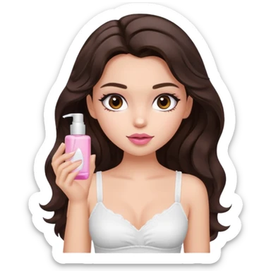 generate a pretty fair bratz girl with dark brown eyes. Dark brown hair wavy hair. light pink lipgloss. white cami top. doing skincare.  sticker