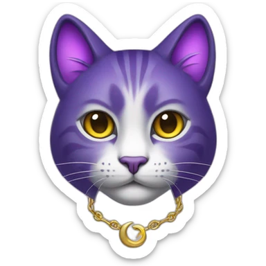 Purple cat with golden crescent moon pendant, dark purple fur on all paws, black eyes and white glowing pupils sticker