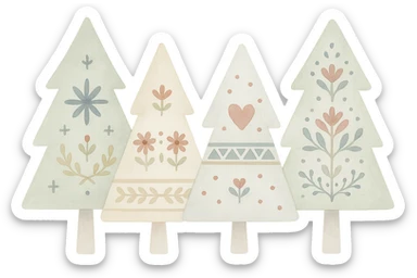 logo style illustration of evergreen trees blending Scandinavian and Slavic folk motifs, neutral color tones, watercolor texture sticker