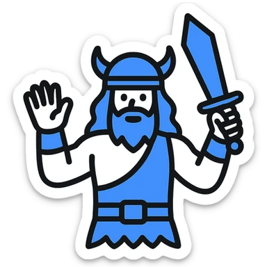 A barbarian waving a sword in greeting, blue color sticker