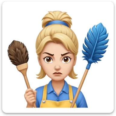 evil cleaning lady, angry face, holding a feather duster, simple background sticker