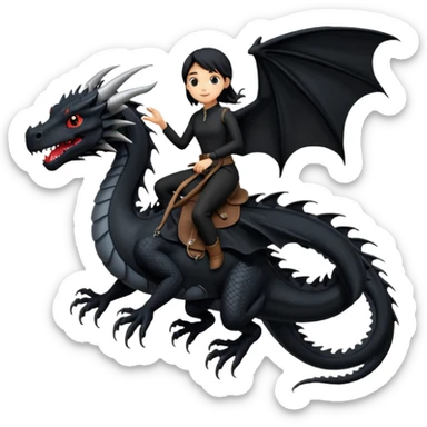 Extreme huge black dragon flying with a small female rider on top of it with black clothes sticker