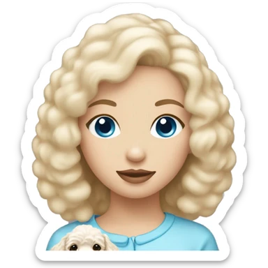 lady with straight blonde hair and blue eyes holding a fluffy poodle puppy sticker