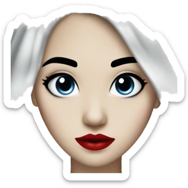 long black blue hair, red lipstick, black eyes, white skin and a small nose sticker