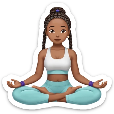 A Black woman with box braids sitting in a cross-legged meditation pose, eyes closed, hands resting on her knees, wearing a comfortable yoga outfit (sports bra & leggings or a loose top). sticker