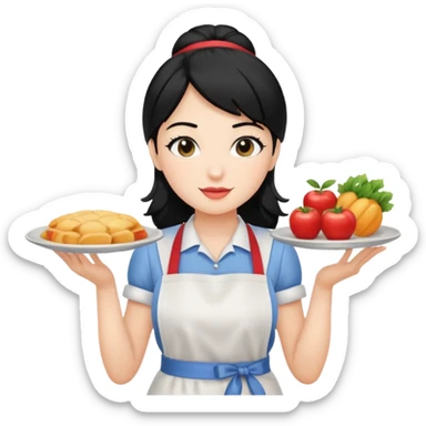 waitress with black hair and a food plate sticker