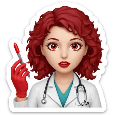 Lilith scalpel in hand, evil surgeon sexy surgeon clothes.  She has red eyes. Dark brown curly hair. Wears sexy doctor outfit with red gloves.covers her mouth necknose with red bandana to hide  her identity. Hair is long and brown hair is free but must cover her face sticker