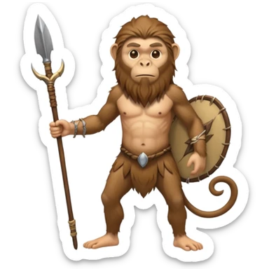 fullbody monkey Neanderthal with human face, long hair, long beard, holding a spear sticker