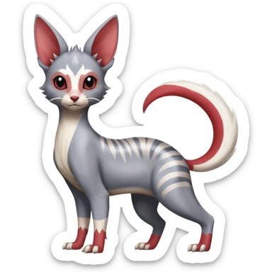 Minccino-Lykoi-Emolga-Sphynx-Linoone-Zangoose-fusion-hybrid-animal-Fakémon-creature, full body, thin long sleek scaly tail, intricate markings sticker