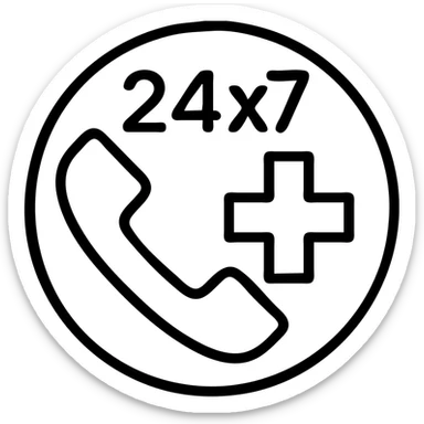 Minimalist icon for 24x7 Emergency Support in black outlined style with the same color code and format as the reference images. Place an emergency cross or phone symbol inside the circle. sticker