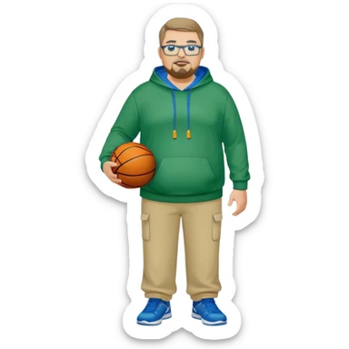 full body white obese male basketball coach with trophy. Goatee , Wearing glasses and blue and green hoodie and khaki pants sticker