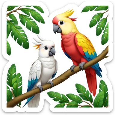 Close-up of colorful parrots Ara and Cockatoo Inca perched on tree branches, surrounded by lush greenery. Bright, vivid feathers contrast with the natural background of trees, leaves, fruits. Soft natural light, enhancing vibrant colors. Transparent background. sticker
