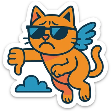 sad flying cat with sunglasses, giving a thumbs down sticker