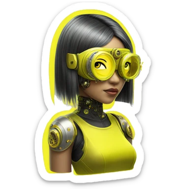 Neon yellow bobbed hair Asian female cyborg head with silver steampunk goggles and circuits sticker