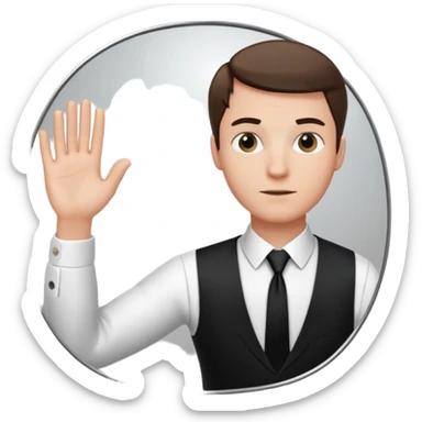 A man wearing a white dress shirt and black tie looking into a mirror holding up his hand. We should be seeing the back of the man and his reflection in the mirror. sticker