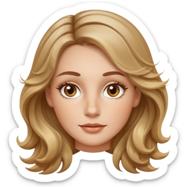 creative women with long dark Blond with highlights wavy hair white women, oval shape face hazel eyes long lashes little bit of freckles on the nose high cheek bones sticker