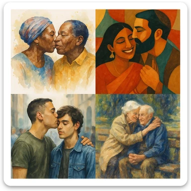 public display of affection, various interpretations, diverse people showing affection in different ways, artistic and varied visual styles sticker