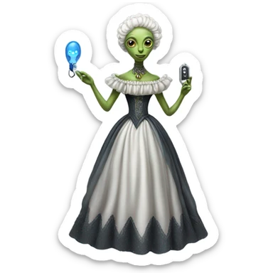 alien galora in Victorian dress elegant, full body, holding usb key sticker