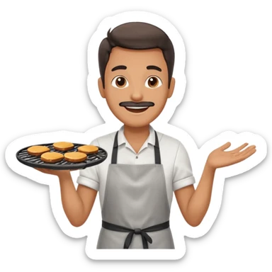 A cheerful man in an apron flipping burgers on a sizzling grill with smoke puffing upward. sticker