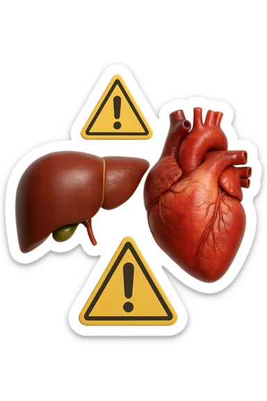 emoji stile iphone di fegato e cuore anatomici realistici in 3d che fluttuano in aria insieme a segnali di pericolo, FALLO MOLTO REALISTICO IN 3D sticker