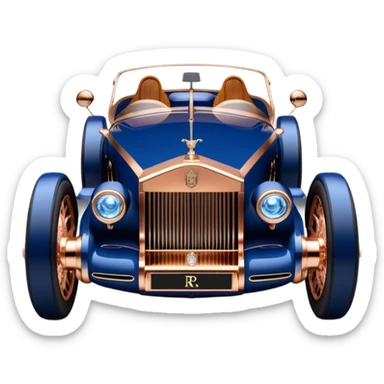 dark blue led lights on a hot rodded delicately inlaid rose gold and wood accentuated sporty 1889 Rolls Royce with futuristic electric spaceship plasma motors and dynamos with wide racing wheels that are held strong by advanced suspension and steering sticker