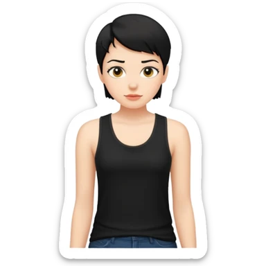 a white woman with short tomboy black hair wearing men's black tank top sticker