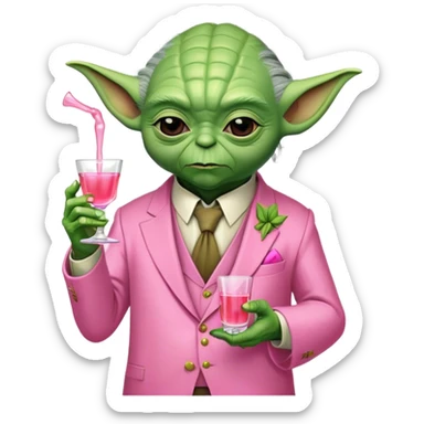 Master Yoda in pink suit, holding one small pink tequila shot sticker