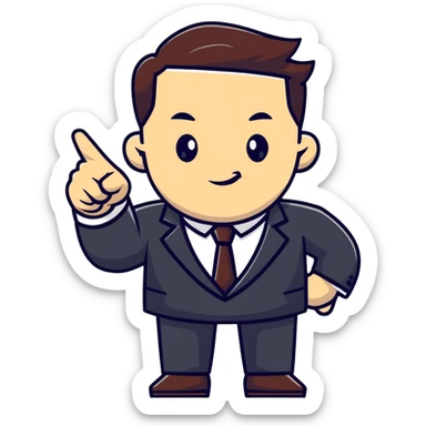 Boss character with a confident pose, business attire, pointing forward sticker