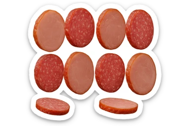fettine di prosciutto cotto e di salame fluttuano in aria verticalmente, IPERREALISTICA 4K sticker