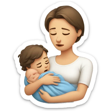 European sad mother with newborn sticker