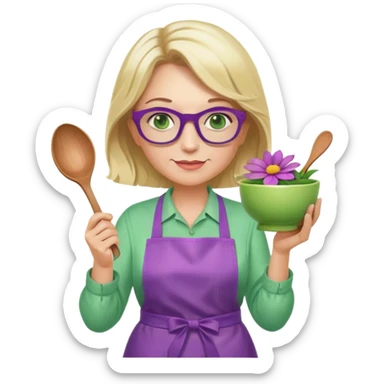 middle aged woman with shoulder length blonde hair, purple glasses, green eyes, wearing a flower apron, holding a bowl in one hand and a mixing spoon in the other sticker