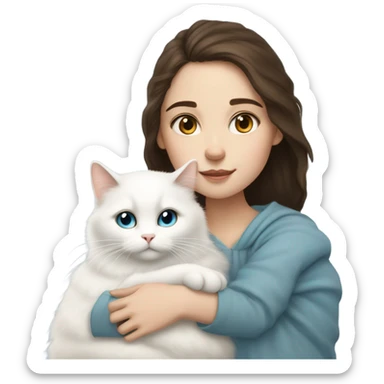 Brunette girl snuggling white fluffy cat with heterochromia. (Left eye light blue and right eye soft brown.) sticker