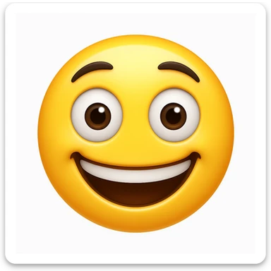 Create a yellow smiley face emoji with a similar facial expression to the reference image. It should have wide eyes, raised eyebrows, a big smile, and a shiny, smooth appearance. The style should resemble the iOS emoji style. sticker
