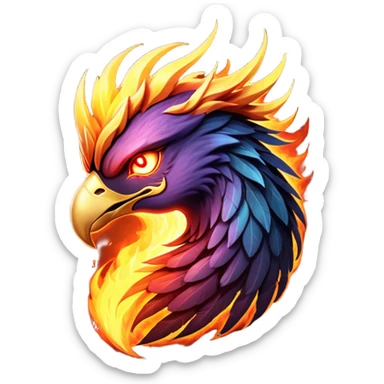 Cinematic Battle-Hardened Mystical Fire Phoenix Portrait Emoji, head bowed slightly in a moment of raw resilience, revealing a form etched with the wear of relentless conflict. Ragged, scorched plumage and half-closed, determined eyes speak to battles fought and won. Rendered with authentic detail and dramatic natural light that accentuates every scar and burn, high shine, this portrayal blends vulnerability with hardened strength, outlined in a soft glow that captures the essence of a phoenix tempered by the fires of combat. sticker