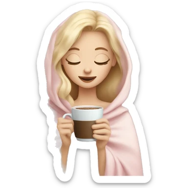 Blonde girl inside a light pink blancket sipping coffee eyes closed white skin blue eyes  sticker