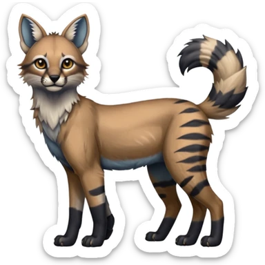 Realistic edgy bluish greyish blackish whitish silvery coppery Shiny Colorful Dusky Dark Gloomy Glossy Aardwolf-Caracal-Lion-Bobcat-fusion-animal-hybrid-creature, full body, tufted ears, long thin tufted tail sticker