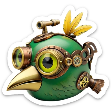 “Create an expressive emoji combining a vibrant green cartoon bird head (with a large round eye and yellow beak) and a detailed steampunk aesthetic. Integrate polished brass and copper gears into its feathers, add riveted metal plates along the beak, place a pair of vintage brass goggles above its eye, and include small clockwork mechanisms and a subtle steam plume rising behind it. Render as a cohesive emoji icon with clean lines, balanced colors, and a hint of aged patina.” sticker