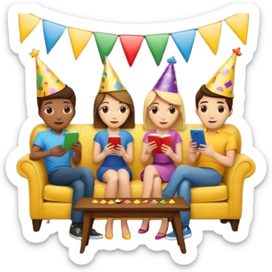 group of friends on couch playing a trivia game couch should be deep dark yellow color.  include a small wooden table in front of the couch as well sticker