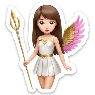 Hada sexy cupido pequeña  de cabello largo lacio castaño con flequillo y ojos cafés  vestida con algo sensual corto color blanco o rojo arco delgado con un color que combinen   y flechas  igual delgadas  que combinen y labios rosas tipo Barbie pero en hada cupido de cuerpo completo ojos sexys  sticker