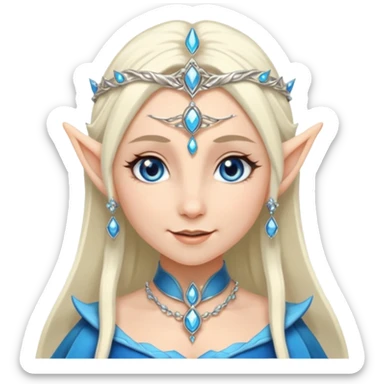 elf princess with pointy ears, white skin, silverblond hair with jewellery, blue eyes, gentle smile sticker