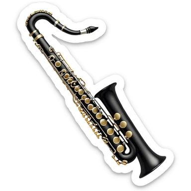 Create an elegant and detailed emoji representing a clarinet. The design should feature the sleek, black wood finish of the clarinet with its shiny metal keys clearly visible. Highlight the intricate details, such as the bell at the end and the carefully crafted mouthpiece with the reed. Use black wood tones for the body of the instrument and silver or brass accents for the keys. Add subtle musical notes or soundwaves floating around the instrument to evoke the smooth, melodic sound of the clarinet. The background should be transparent. sticker