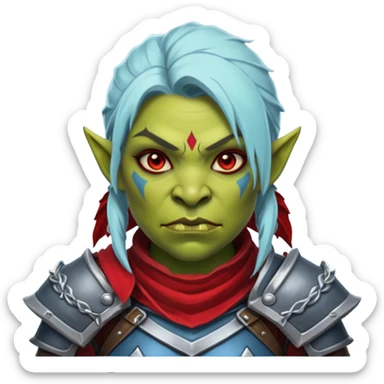 Fantasy Christmas orc legion soldier icon, iron tundra army theme, heavy winter armor, disciplined brutal look, dark icy steel armor with bold crimson cloth and markings, cold blue shadows, high contrast, clean emoji portrait style, female variant sticker