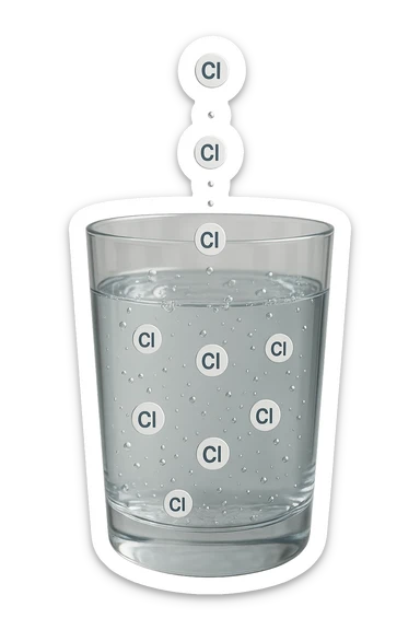 un bicchiere di acqua fluttua in aria realistico e dettagliato, dentro l'acqua del bicchiere ci sono particelle di cloro ben visibili con la scritta "Cl" sopra, ci sono particelle anche che escono dal bicchiere e fluttuano in aria verticalmente, mentre alcune sono all'interno dell'acqua nel bicchiere, iperrealistico 4k sticker