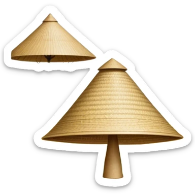 Cinematic Realistic image of an iconic conical hat (Nón Lá), rendered with detailed textures and subtle natural hues, set against a serene rural Vietnamese landscape with gentle, diffused lighting sticker