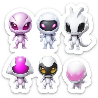 White, Chibi, White body, Anthro-Sona-Lizard-Alien-Salazzle-Mew-Mewtwo-Fakémon, with pink eyes, with a futuristic visor-helmet, wearing a techwear-suit, Full Body sticker