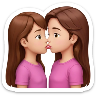 two 5 year old gals about to kiss on the lips, lips extremely close but not touching, pink shirts, long brown hair sticker