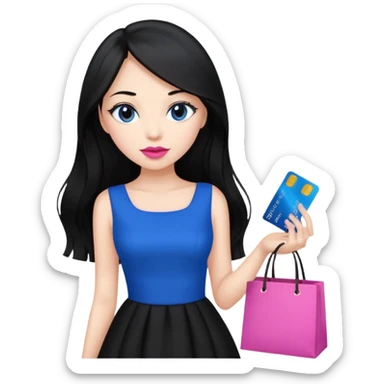 Girl with long black hair, pink lipstick, brown eyes holding shopping bags and blue credit card and wearing a black dress  sticker